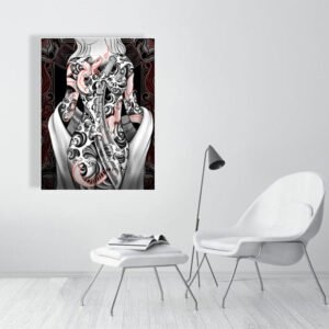 Vesper fine art print in a contemporary white room, mounted above a sleek chair and side table.The intricate black and red serpent design adds a bold statement to the space.