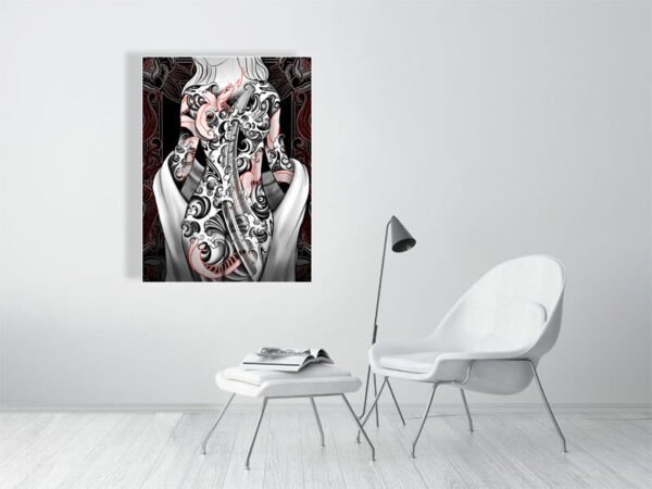 Vesper fine art print in a contemporary white room, mounted above a sleek chair and side table.The intricate black and red serpent design adds a bold statement to the space.