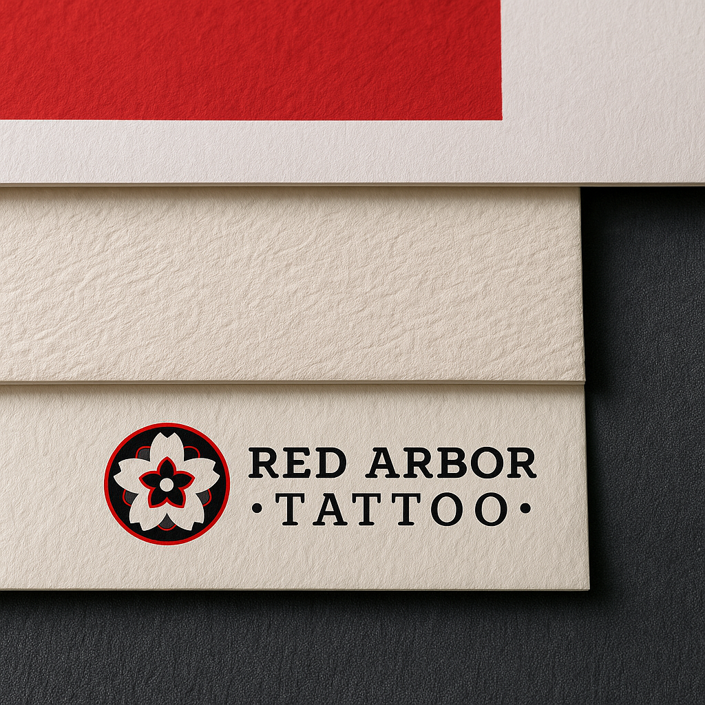 Close-up of textured fine art papers stacked in layers, with a bold red print on top and the Red Arbor Tattoo logo printed on the bottom sheet.