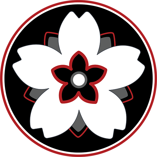 Red Arbor Tattoo favicon logo featuring a stylized white cherry blossom with a black and red center, set against a black circular background with a red border.