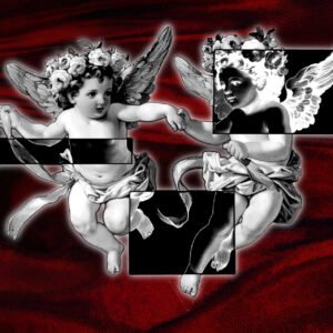 Soft Violence fine art print by Libby – fragmented cherubs in a bold, modern digital collage, printed on museum-quality paper.