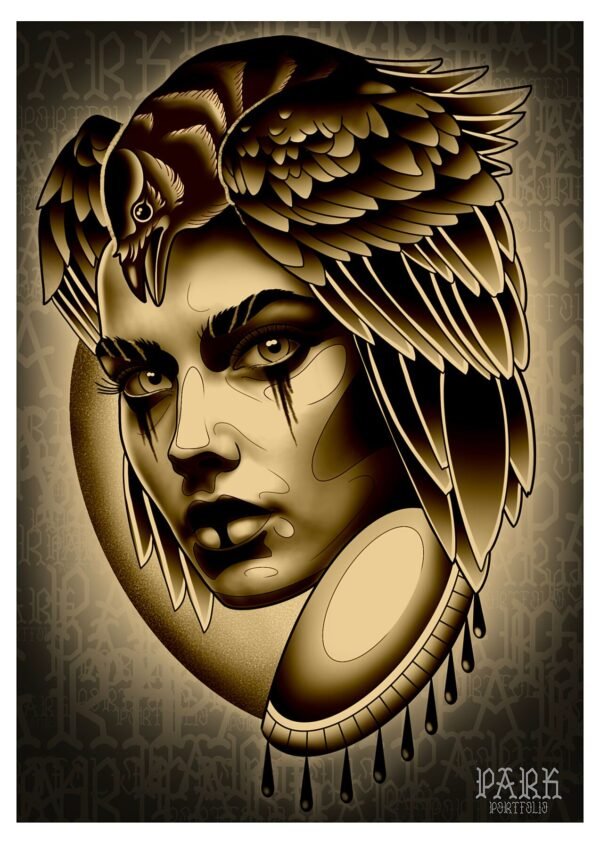 Girl With a Bird on Her Head – bold monochrome digital portrait by Payton, printed on museum-quality paper.