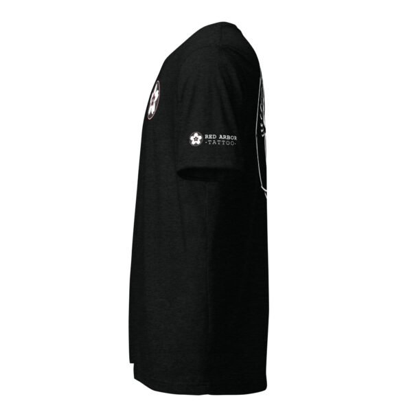 Side profile of Daruma Tattoo Shirt – soft black Bella+Canvas 3413 tee by Red Arbor Tattoo
