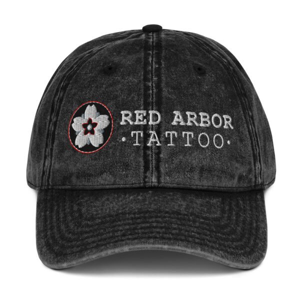 Vintage Cotton Twill Cap with Red Arbor Tattoo logo – low-profile black embroidered dad hat with a washed-out finish.